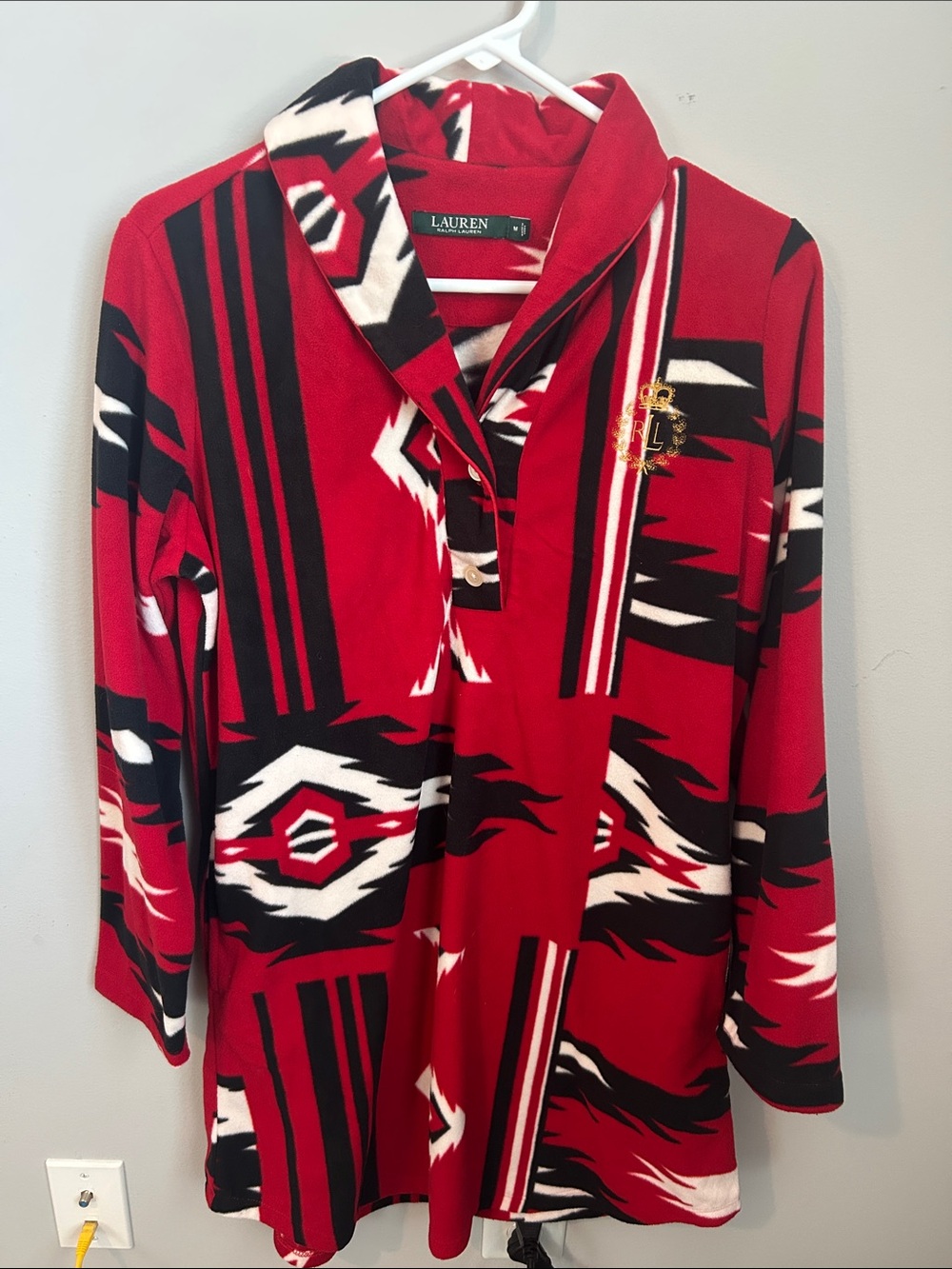 Lauren Ralph Lauren Fleece Red Black White Geometric Long Sleeve Polo